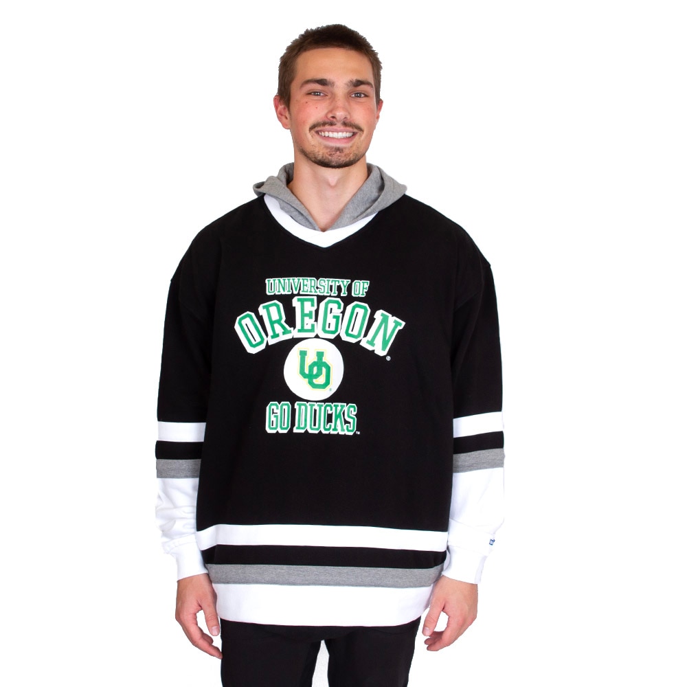 Interlocking UO, Blue 84, Black, Hoodie, Cotton Blend, Men, Hockey style, Fleece, University of Oregon, Sweatshirt, Pullover, 800729